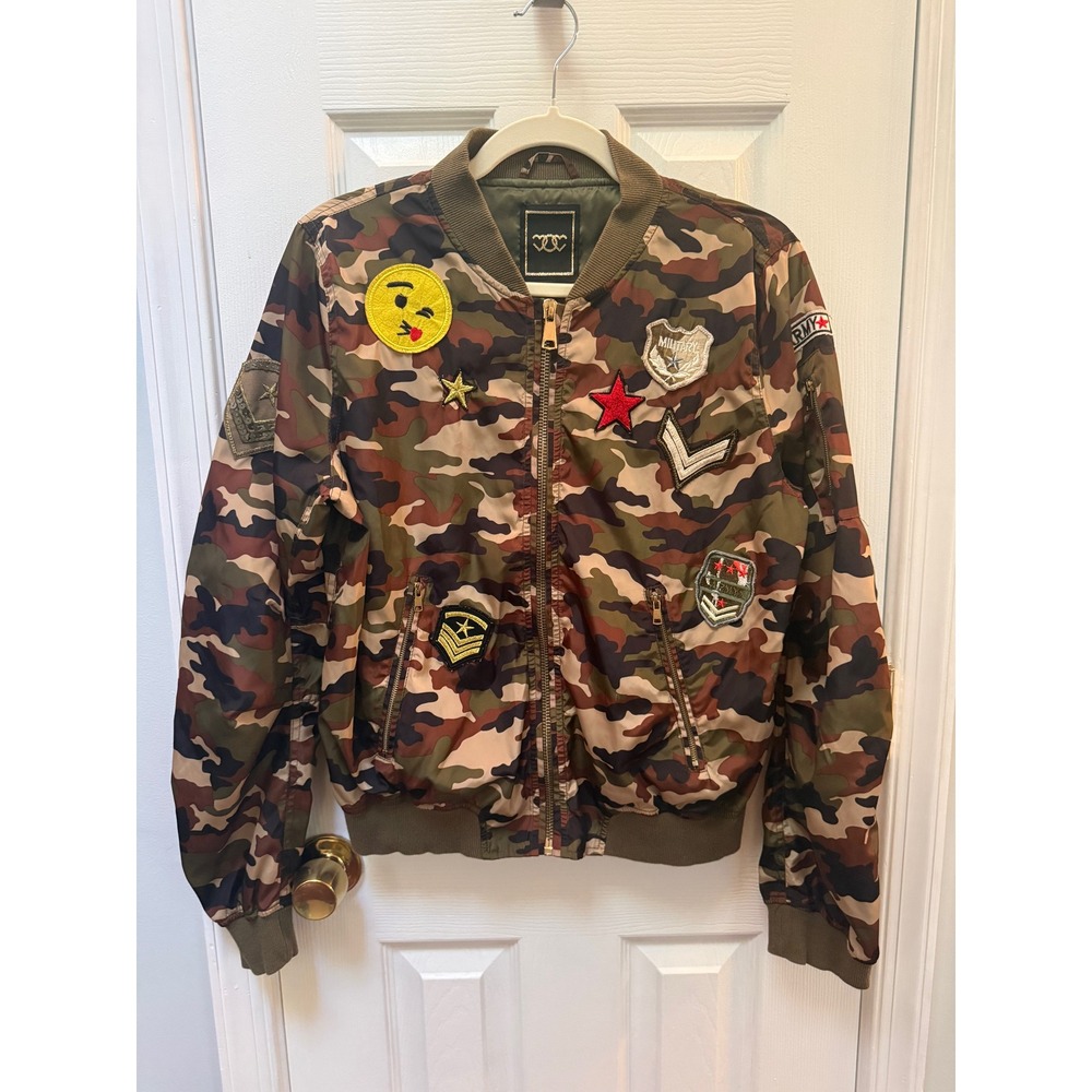 Camo Bomber Jacket with Patches Military Style Emoji Full Zip Green Brown L